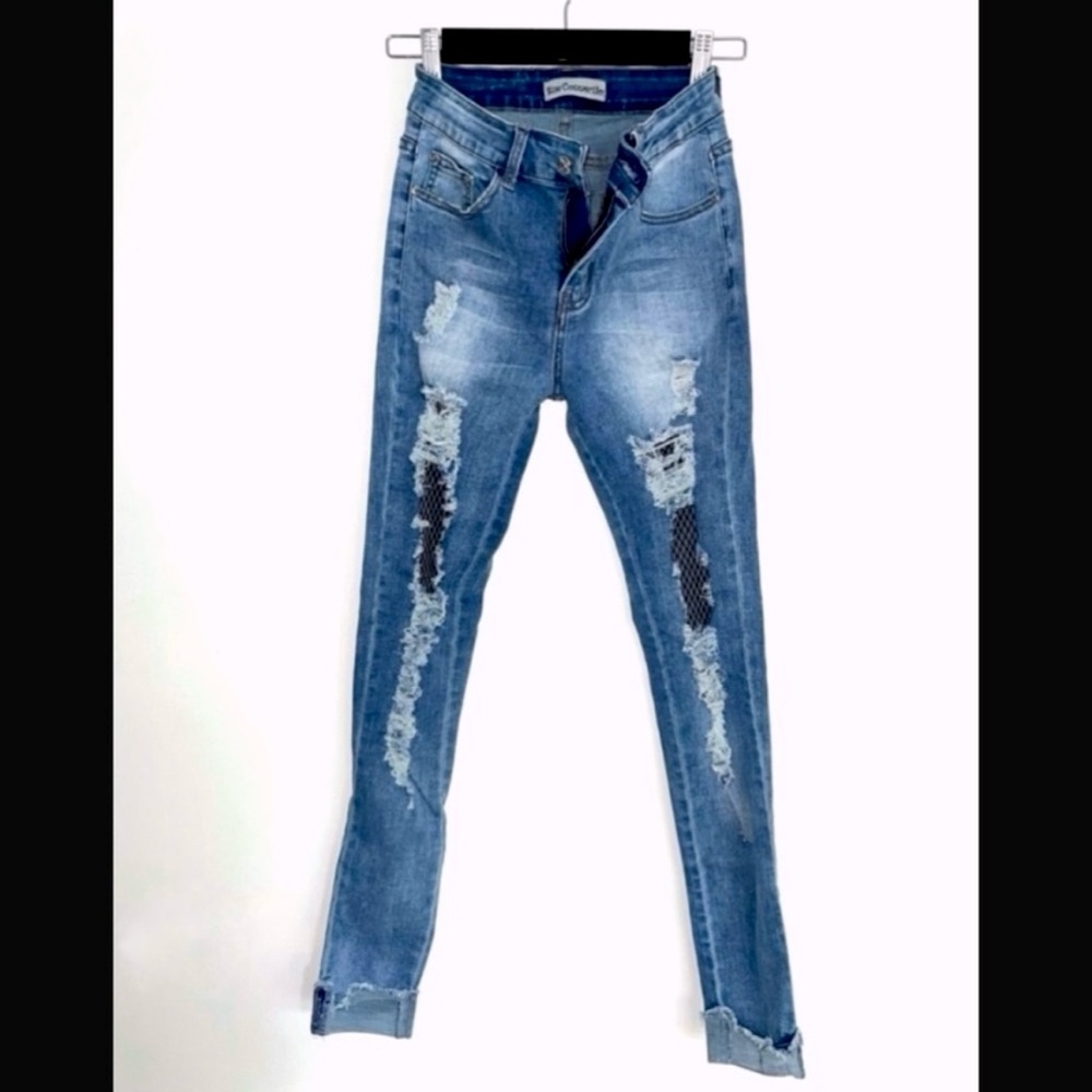 Blue Connection - Indigo Distressed Fishnet Skinny Jeans